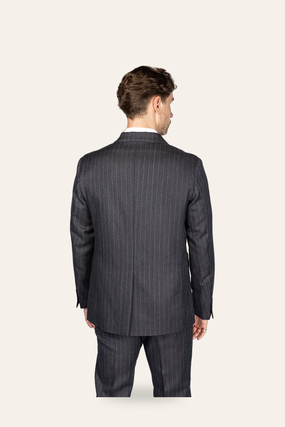 DAÉIN FW26 pinstripe wool blazer, men's — back view