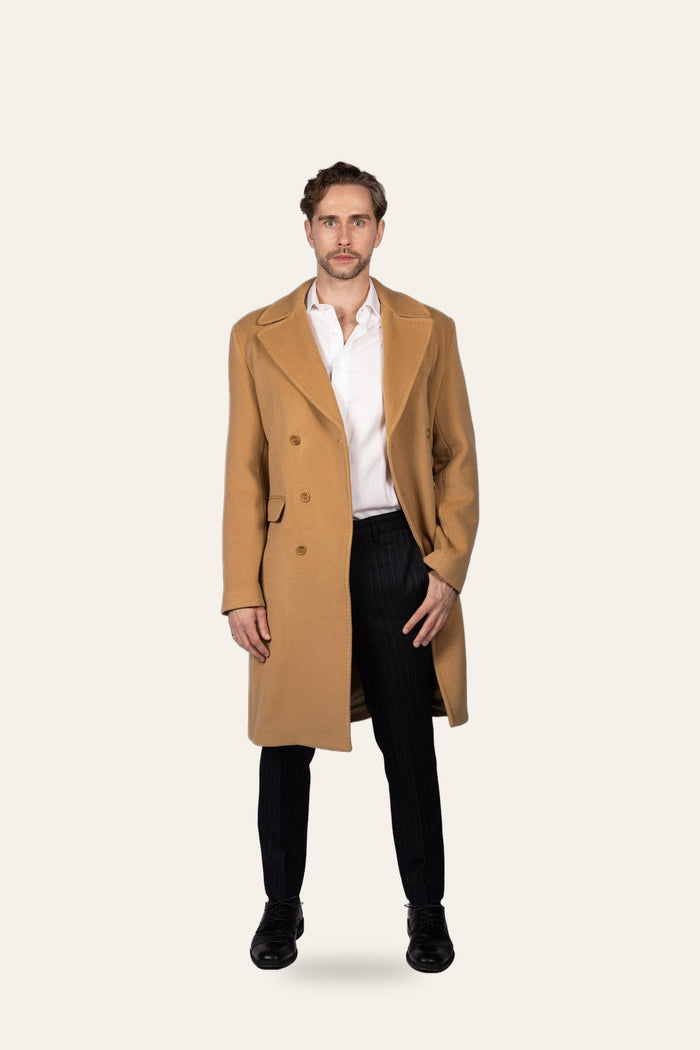 Double-breasted camel coat, front view — DAÉIN