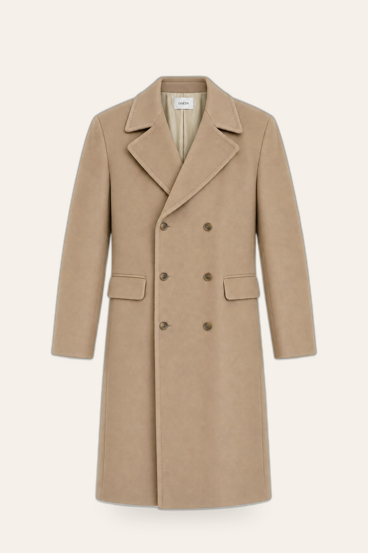 Double-breasted camel coat, ghost mannequin — DAÉIN