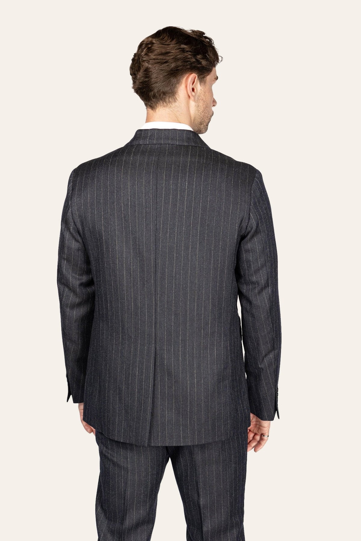 DAÉIN FW26 navy pinstripe wool blazer, men's — back view