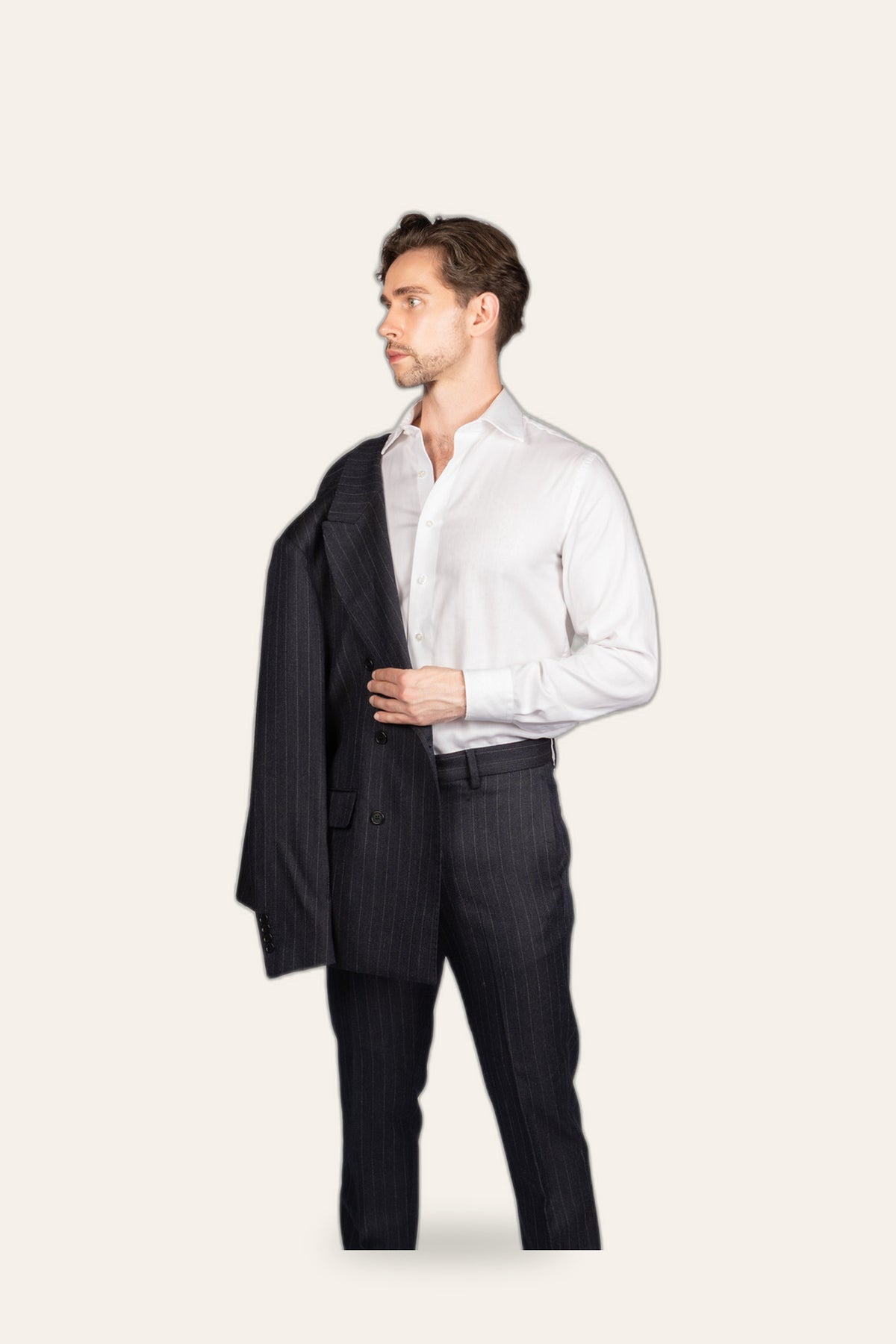 Tailored pinstripe trousers with blazer shoulder detail — DAÉIN