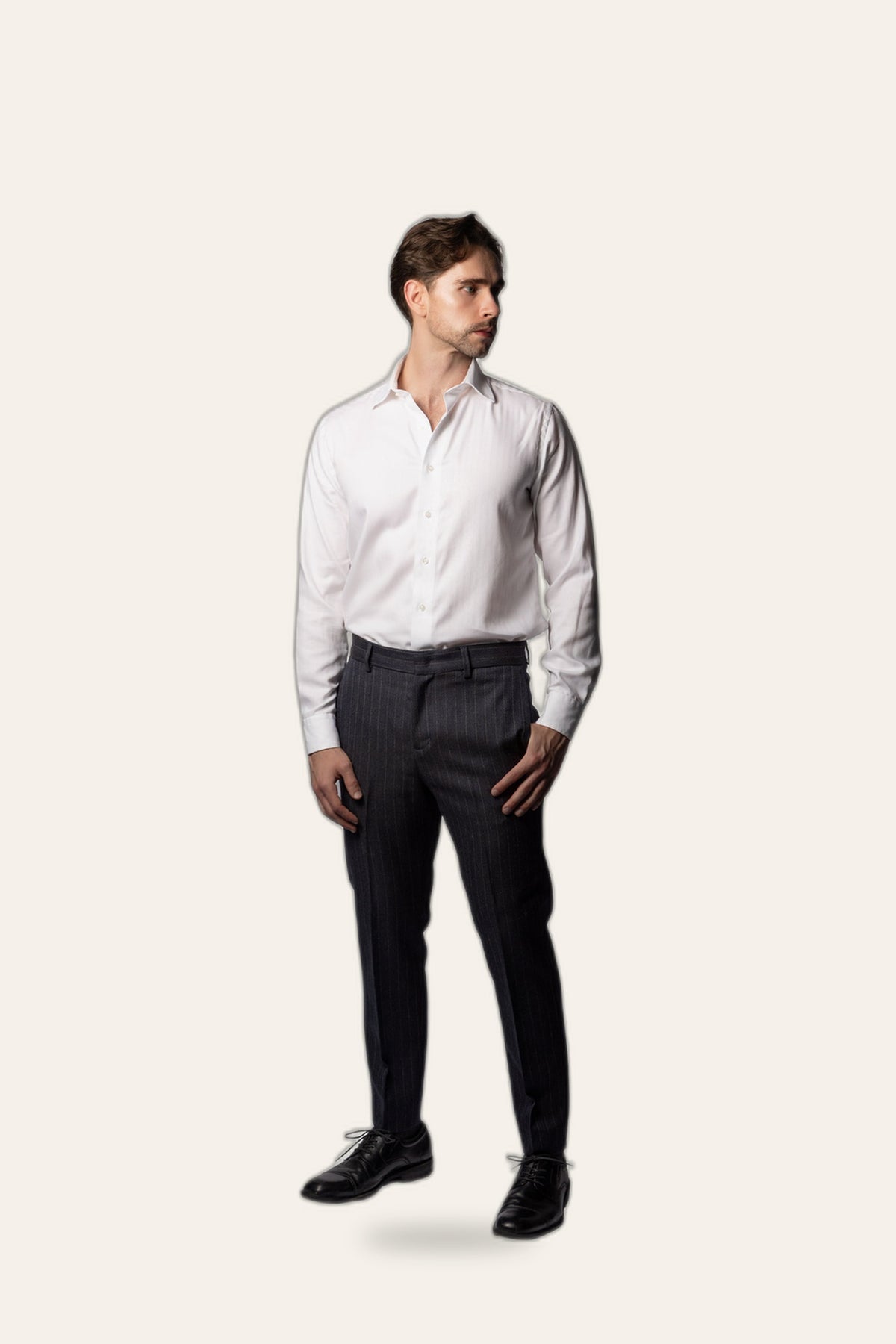 Tailored pinstripe trousers, front view — DAÉIN