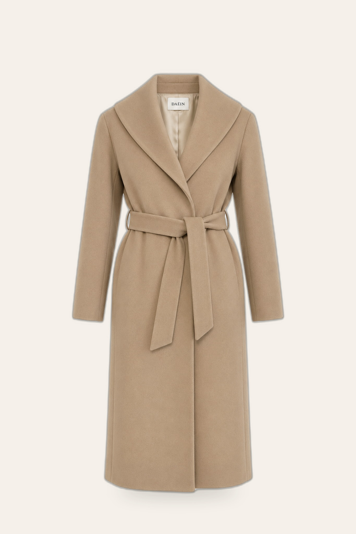 Belted camel coat, ghost mannequin — DAÉIN