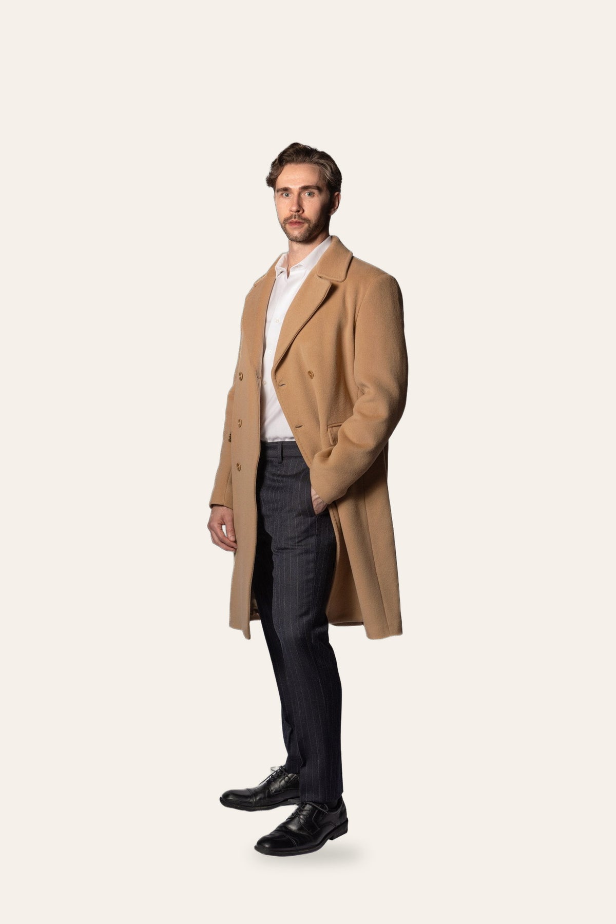 DAÉIN FW26 double-breasted camel coat, men's — side view