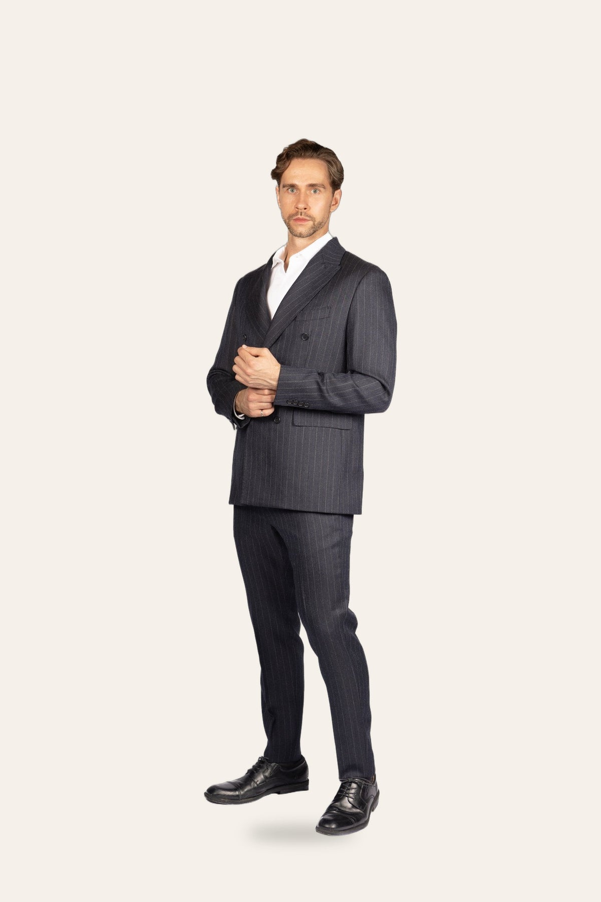 DAÉIN FW26 tailored pinstripe trousers, men's — side view