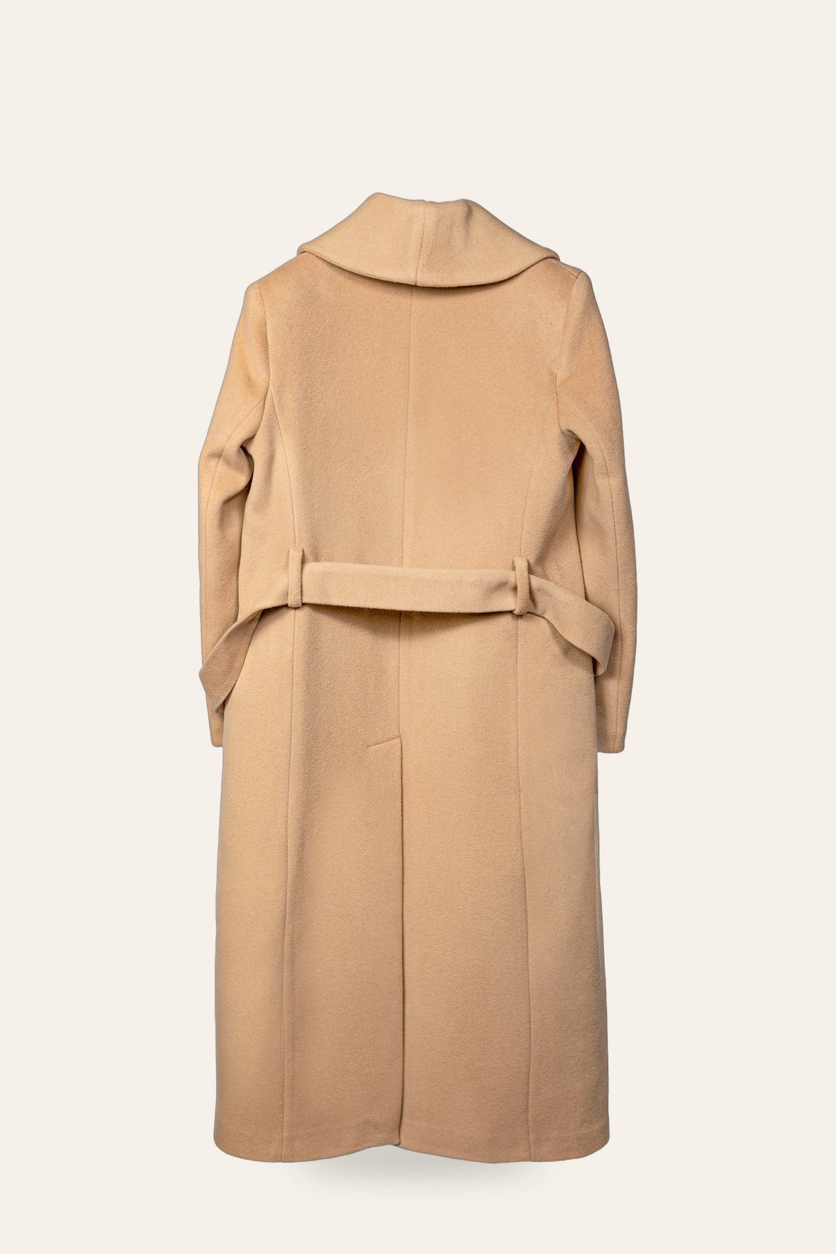 DAÉIN FW26 belted camel coat, women's — back view